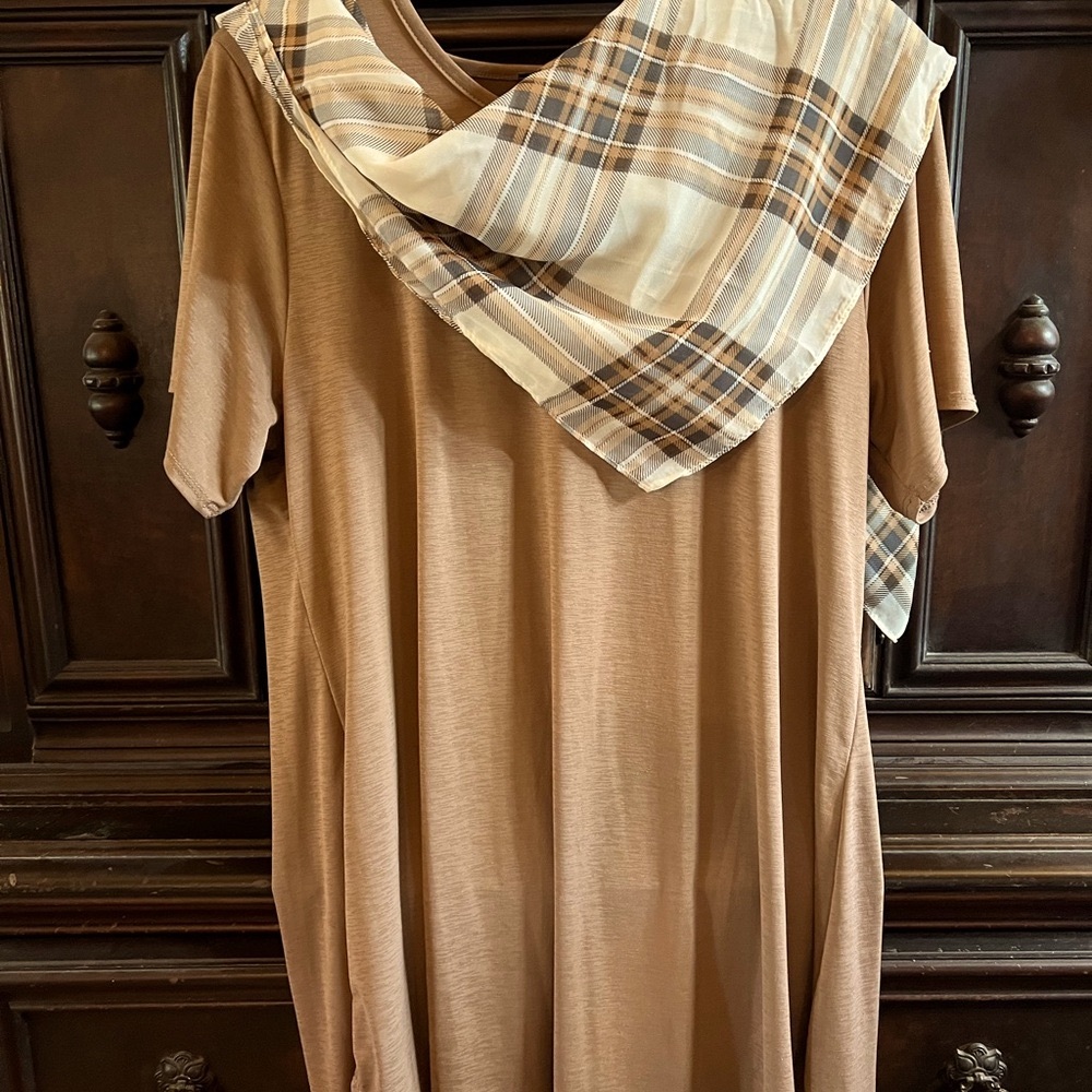 Tan casual  Dress with many options. Add a pretty scarf or stylist jewelry .